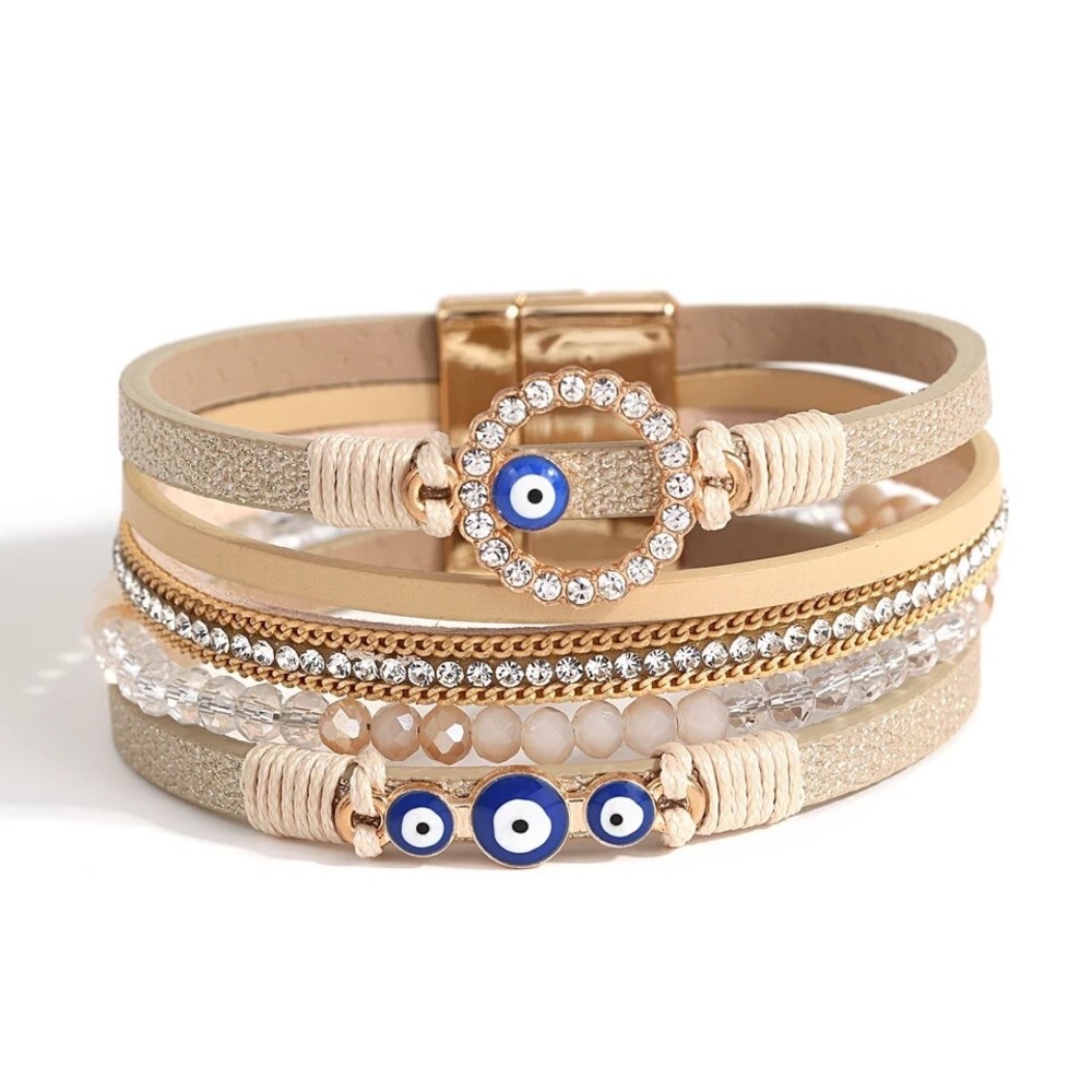 🧿SOLD Bohemian Blue Ojo turco for protection Leather Bracelet layers.
